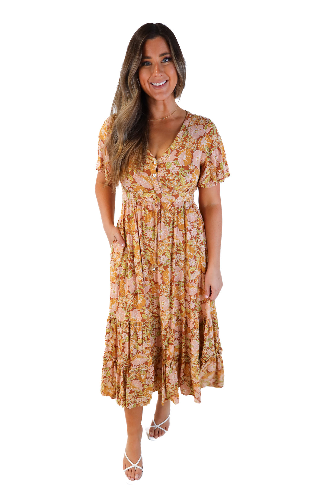 brown floral maxi dress (m)