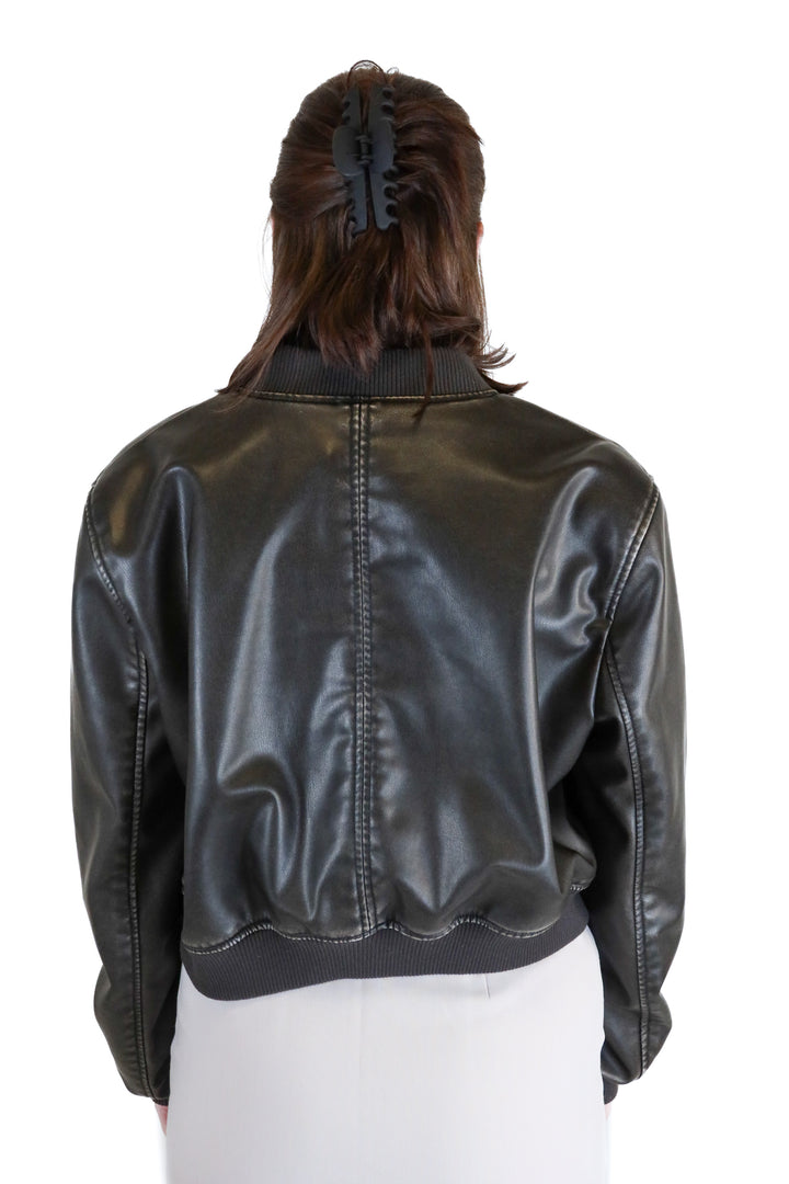 Zara Dark Greyish Brown Vegan Leather Bomber Jacket (XL)