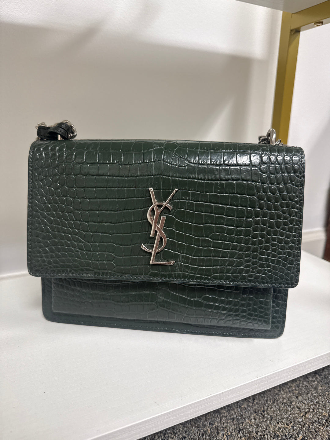 Saint Laurent green crocodile sunset leather crossbody