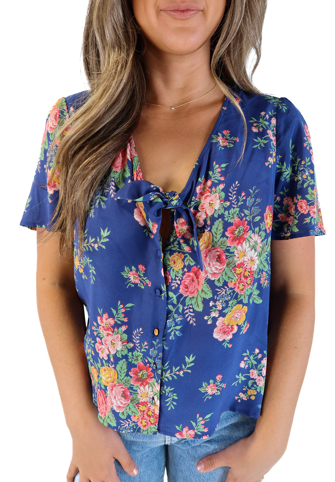 Sezane blue floral deep v button up top (42; retail $130)