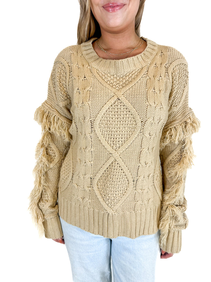 &merci Fringe Sleeve Cable Knit Sweater (M)
