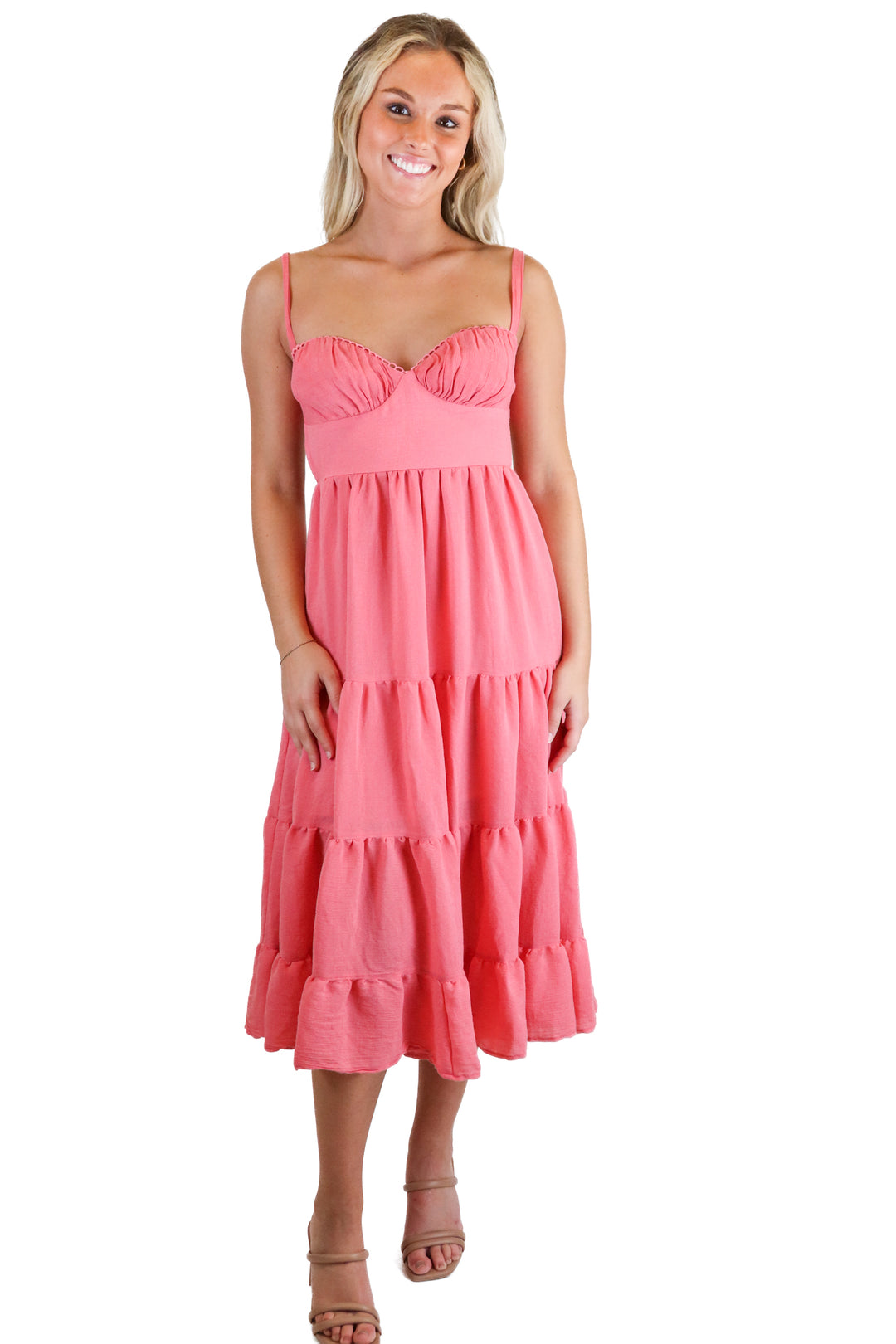 Hello Molly Coral Tiered Midi Dress  (4)