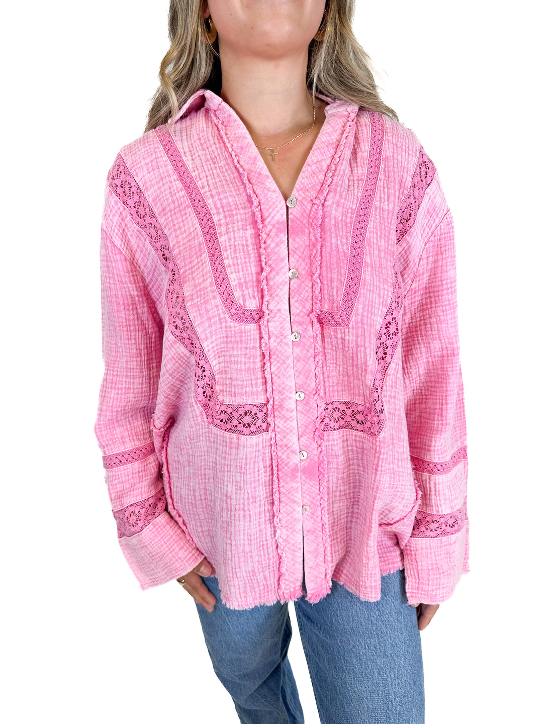 Sewn and Seen Pink Shirt With Lace Detail NWT (M)