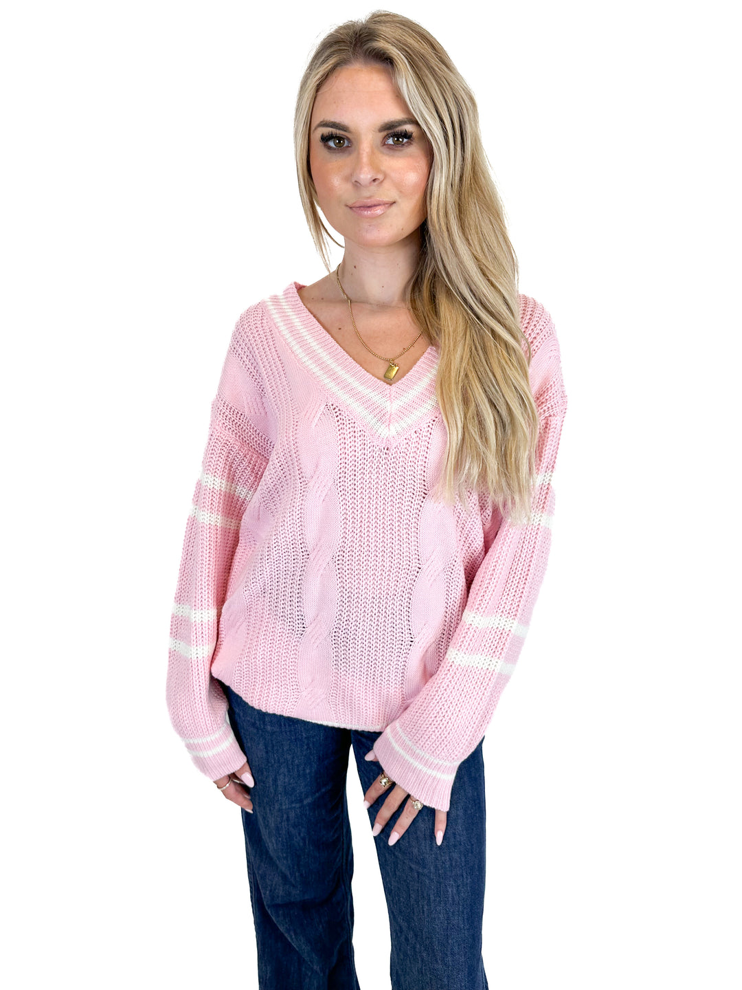 More To Come Pink V-neck Cable Knit Sweater (S)