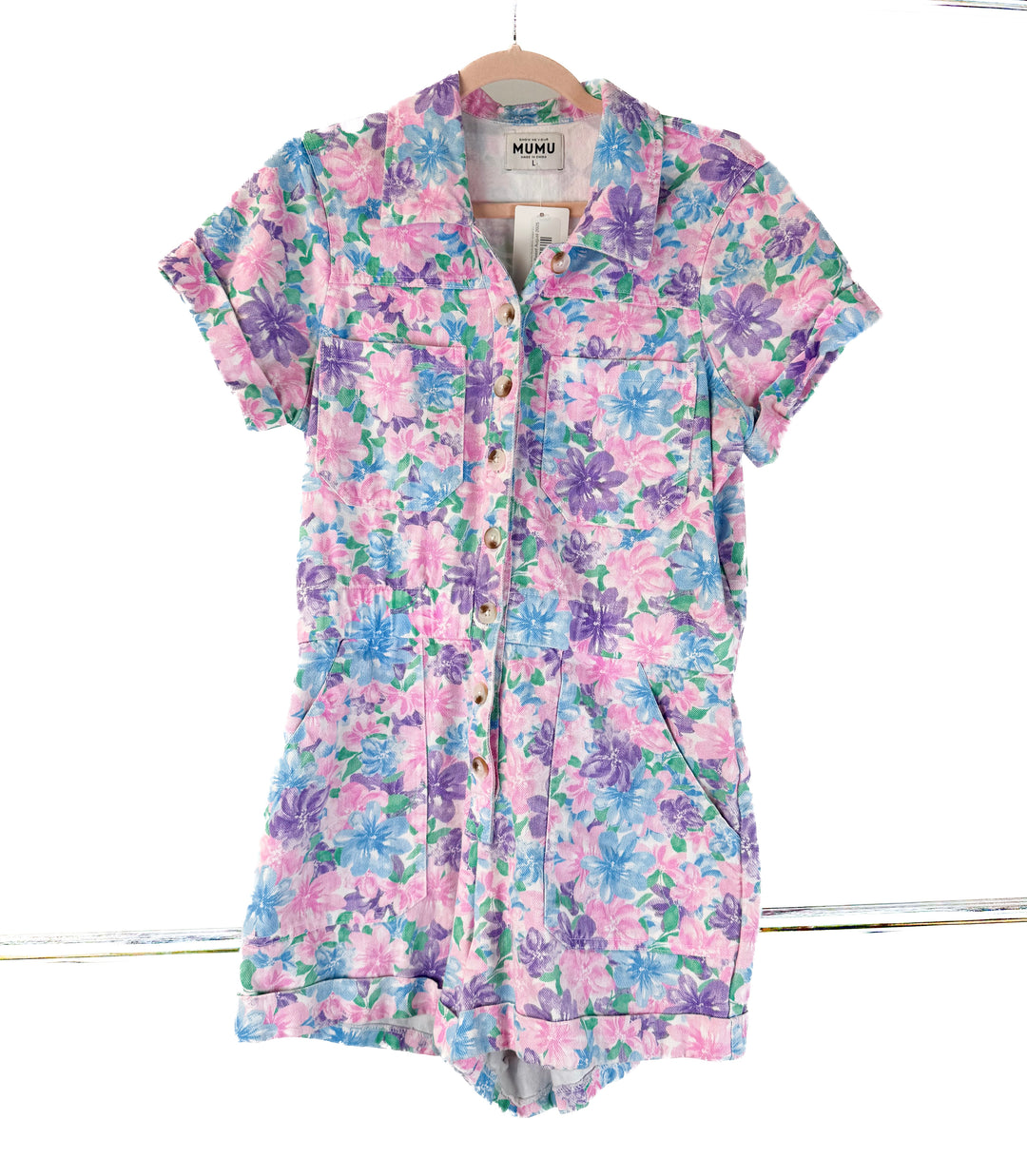 show me your mumu floral denim romper (L)