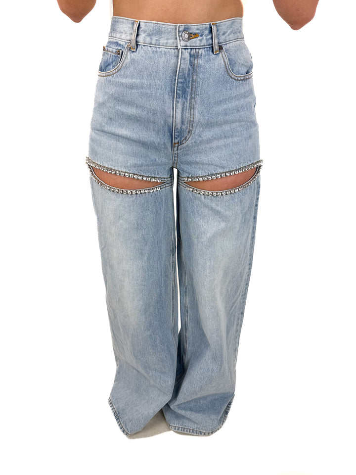 SOLD Area wide leg crystal slit jean NWT (27; retail $795)