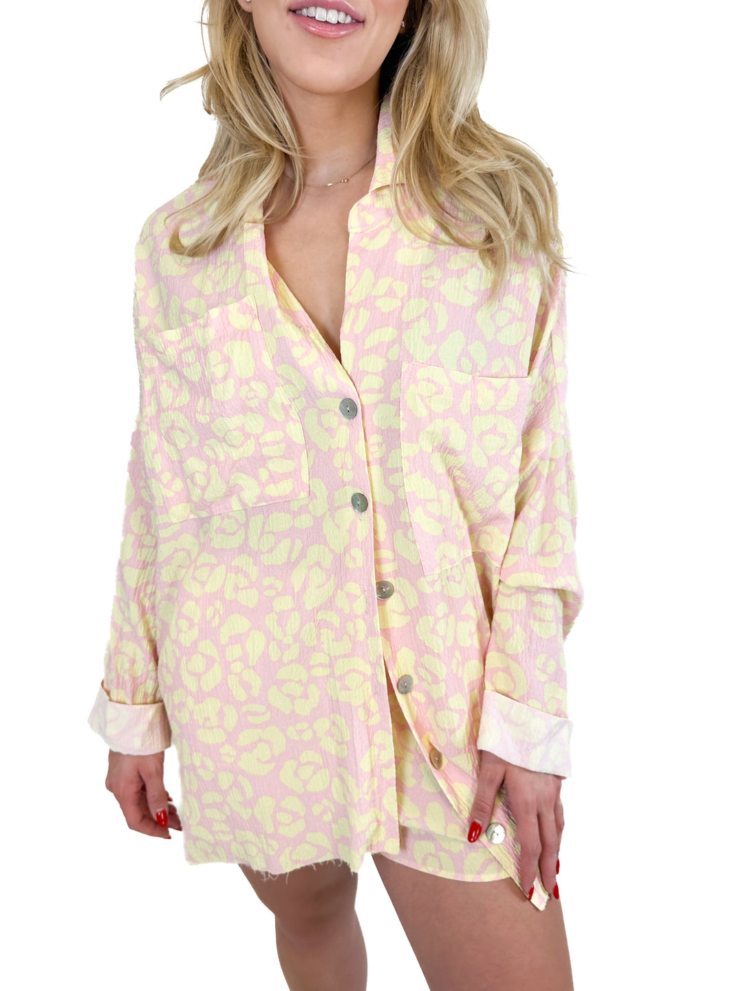 Show Me Your Mumu Lemonade Cheetah Button Down Top and Shorts (XS)