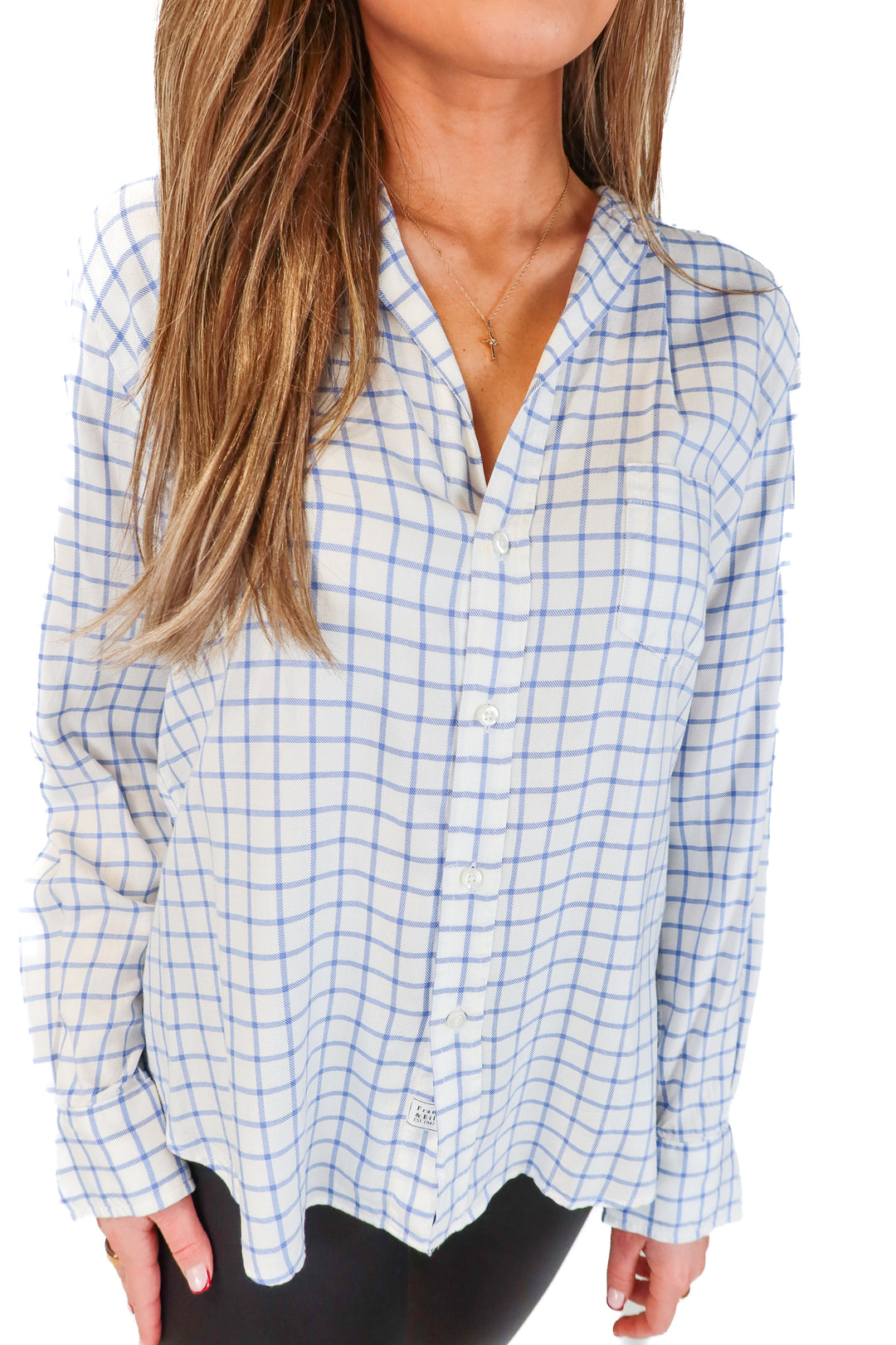 Frank & Eileen Blue/White Check Button Down Shirt (XS; $238)