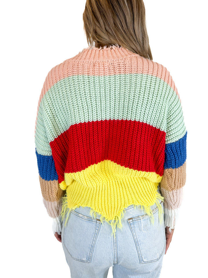 Main Strip Rainbow Stripe Knit Frayed Trim Sweater (M)