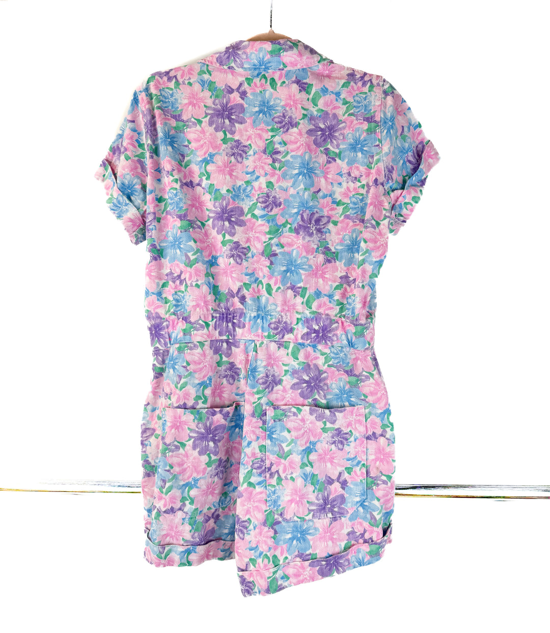 show me your mumu floral denim romper (L)
