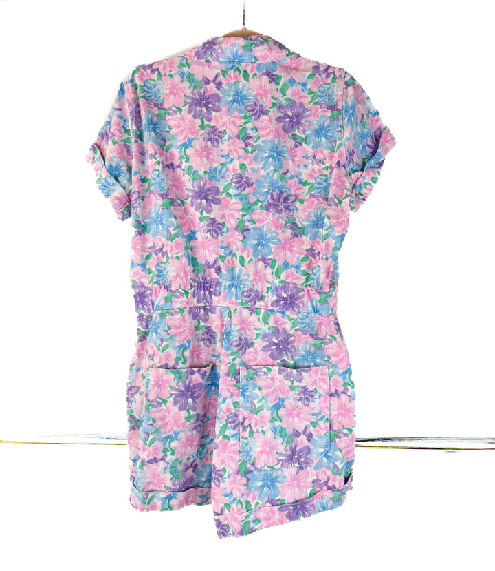 show me your mumu floral denim romper (L)