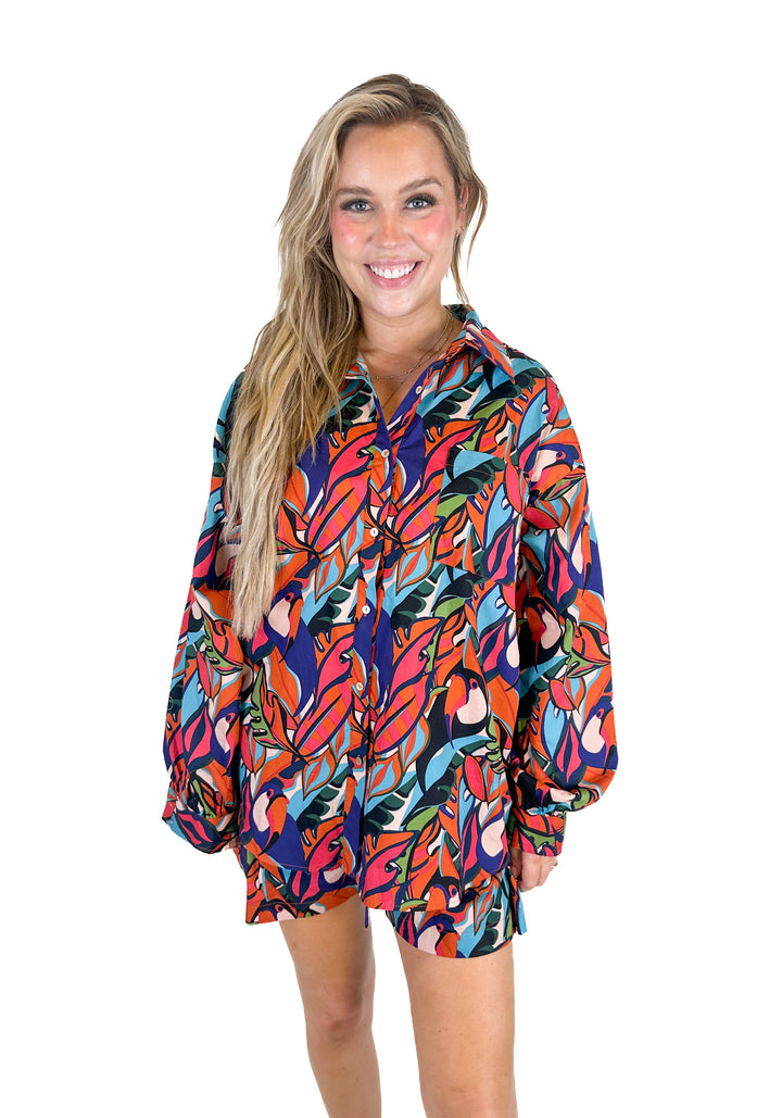 Palms Away Leaf Print Shirt and Shorts Set (L)