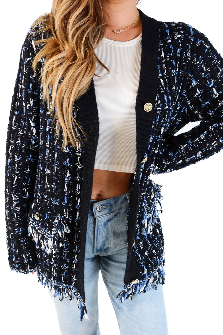 Anthropologie black/blue tweed fringe cardigan (m; retail $118)