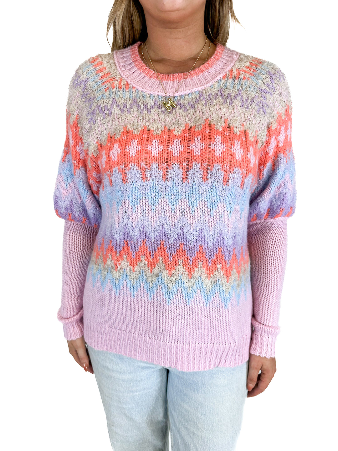 Fate Fairisle Knit Sweater-Coral Blue (L)