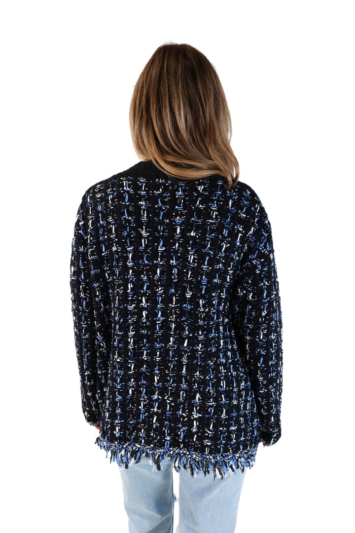 Anthropologie black/blue tweed fringe cardigan (m; retail $118)