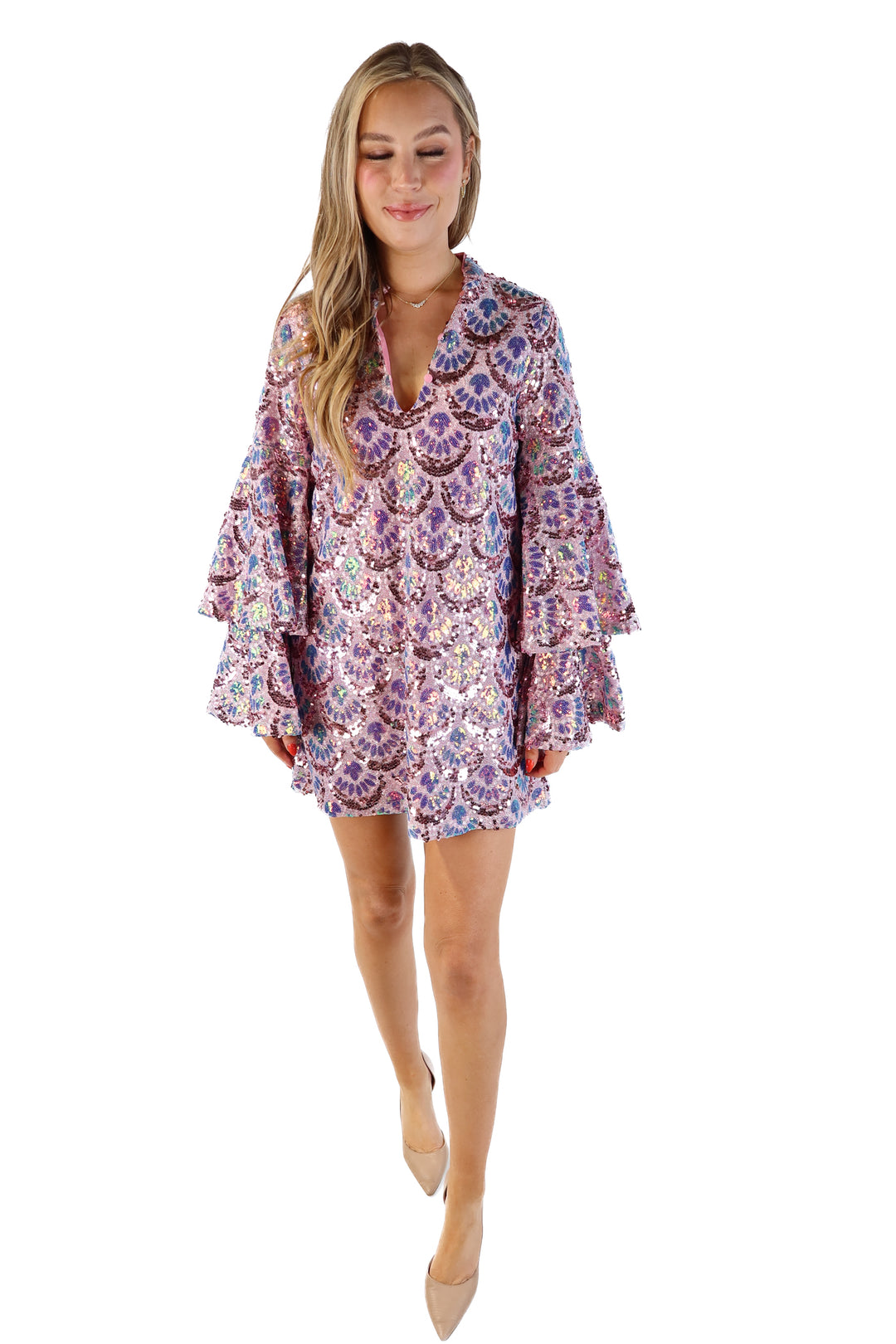 Buddy love purple sequin tiered sleeve dress (s; retail $180)