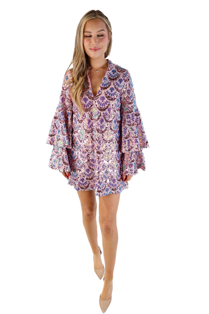 Buddy love purple sequin tiered sleeve dress (s; retail $180)