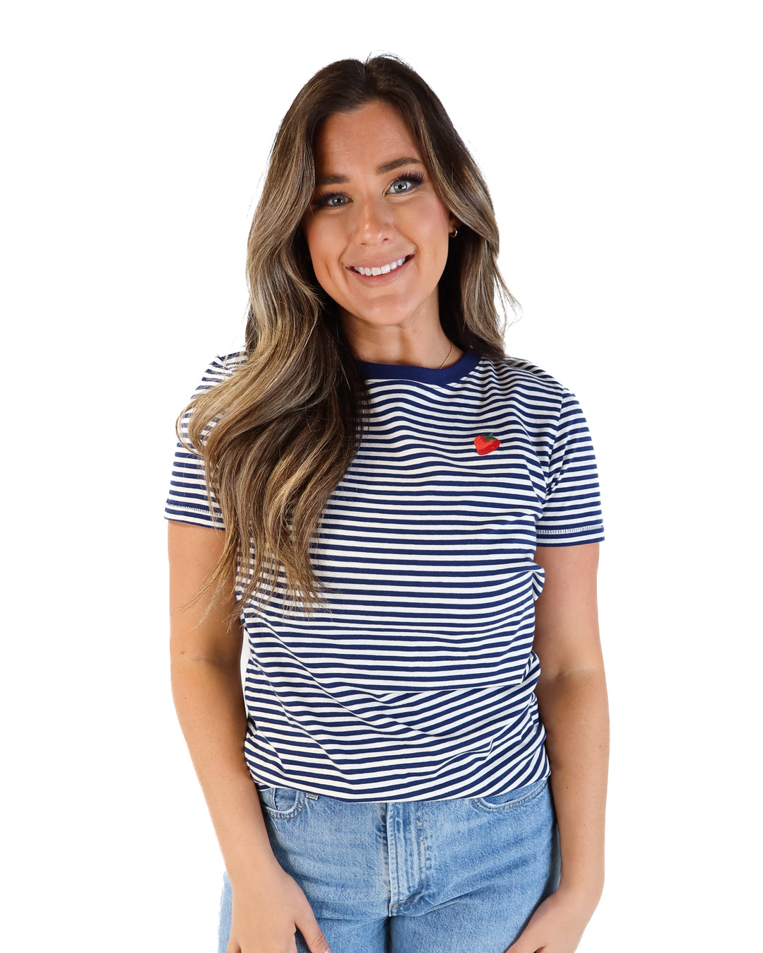 J.crew navy striped strawberry tee (M; retail $39.50)