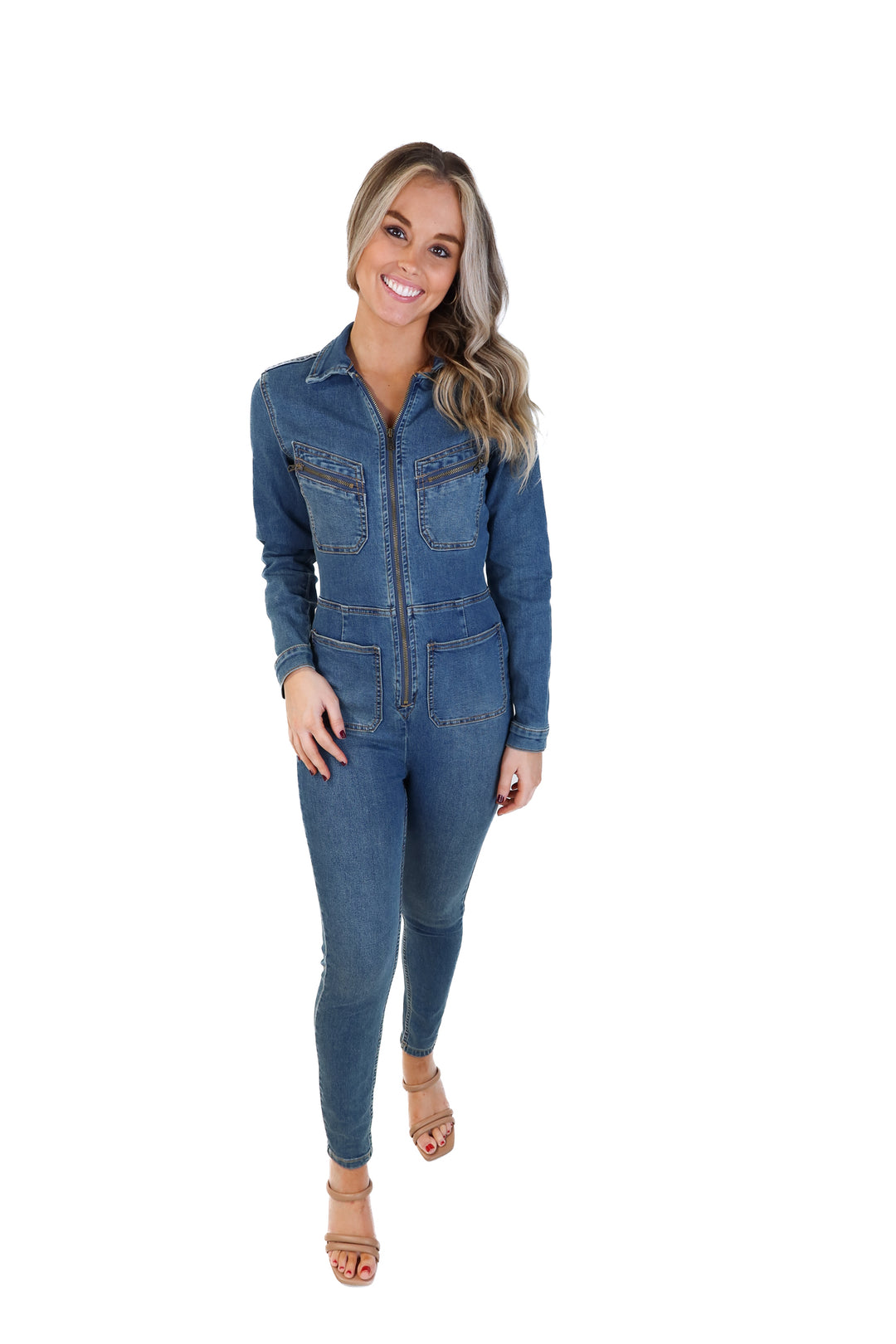 Free people medium wash denim jumpsuit (xs; retail $168)