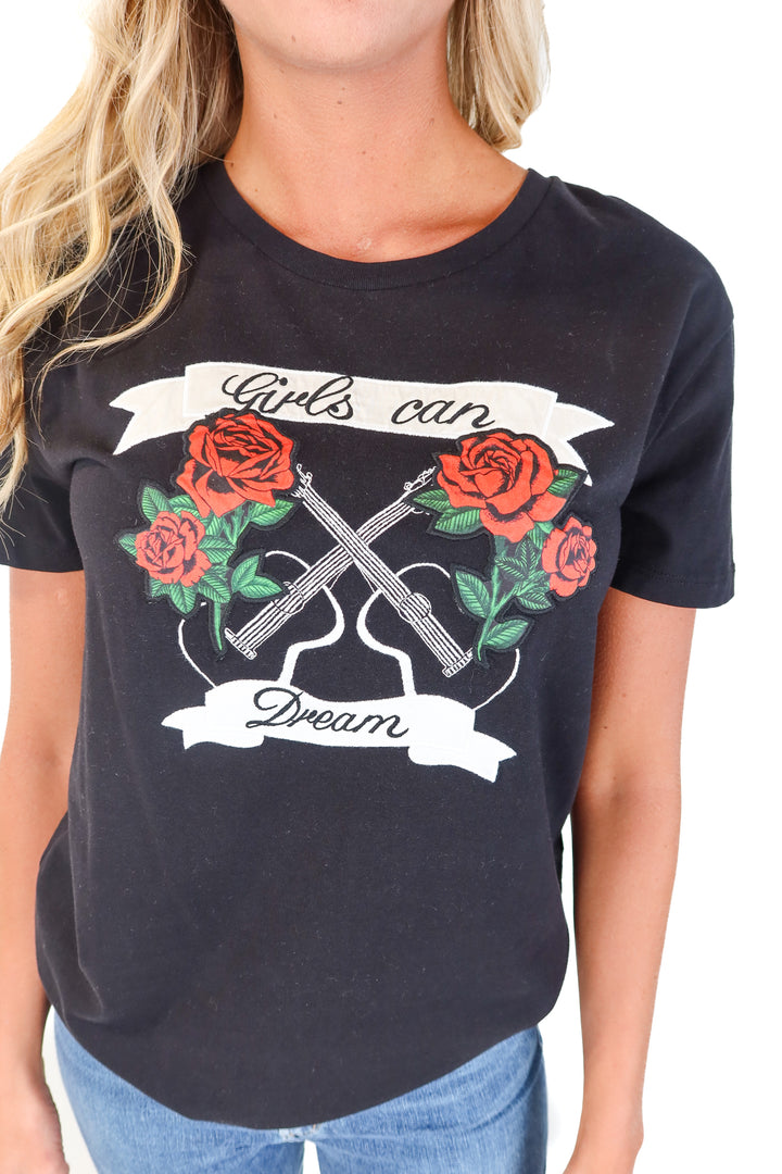 Sandro Black Rose Guitar Embroidered Tee (2/M)