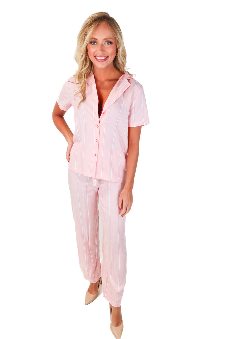 cozy earth pink striped pj set NWT (xs; retails $230)