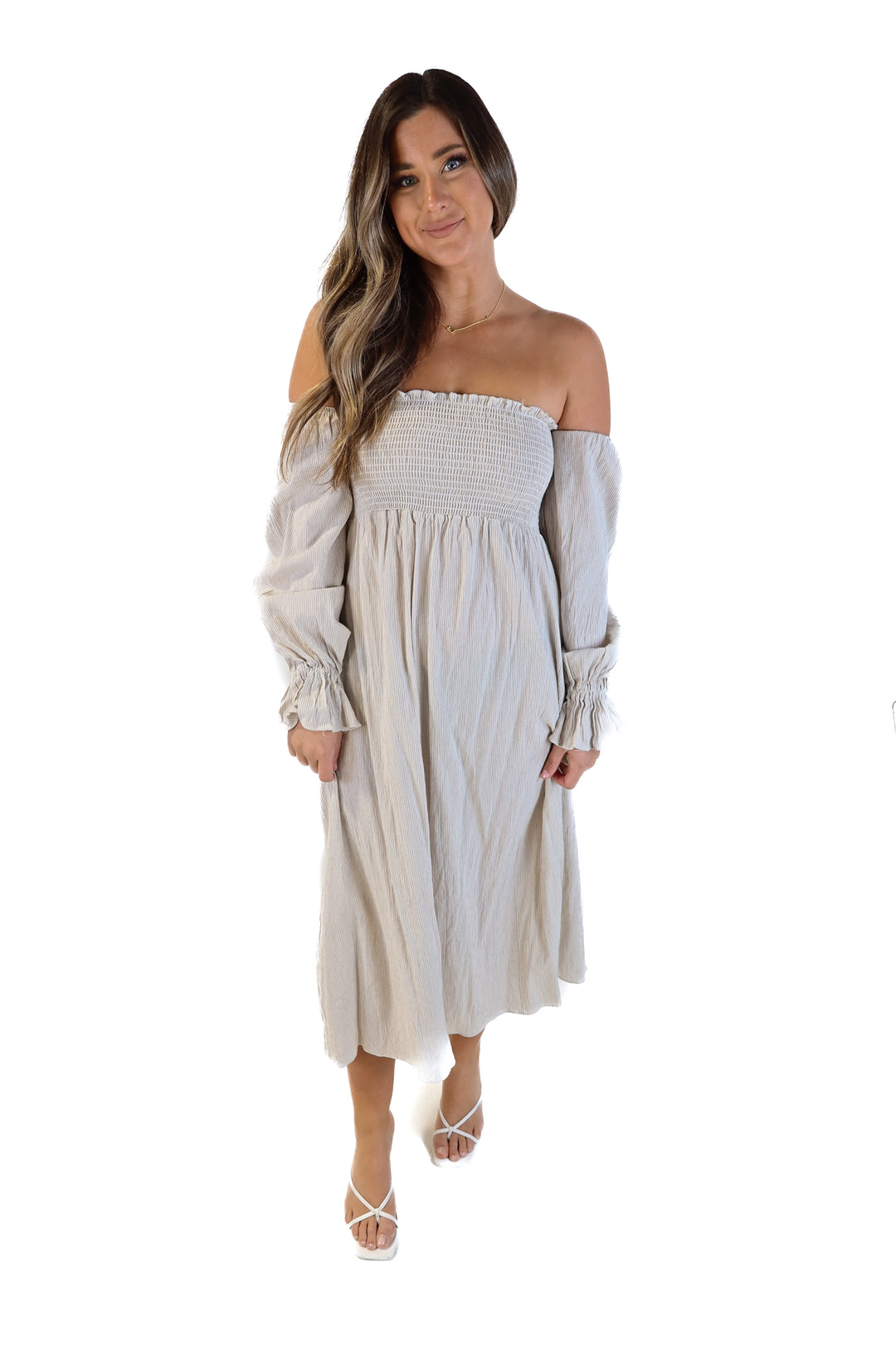 Petal+pup white/tan striped maxi dress (6; retails for $89)