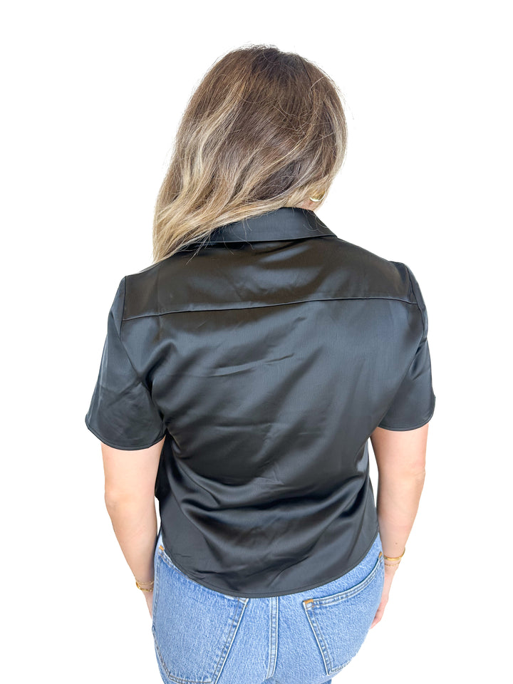 Lulus Black Satin Hook-and-Eye Short Sleeve Top (L)