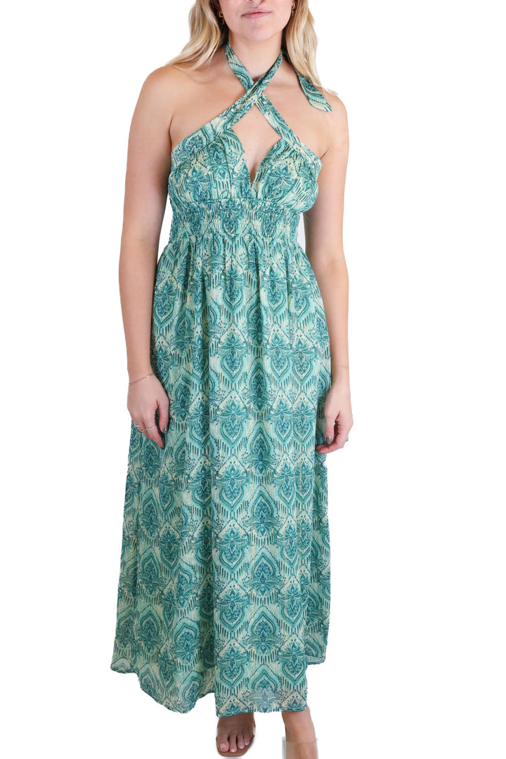 Vici green/blue/gold midi dress (S)