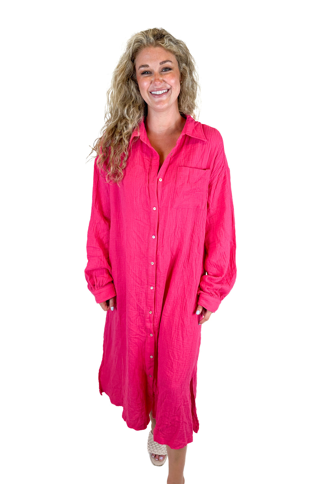 Aura Hot Pink Maxi Shirt Dress (M)*