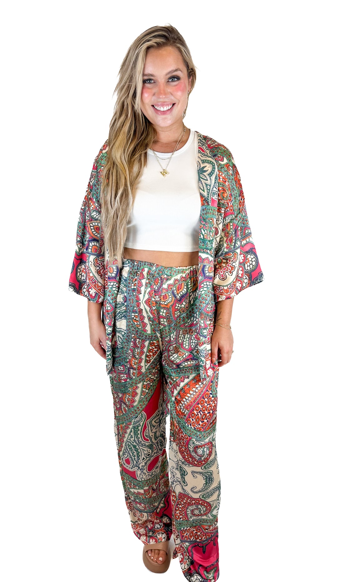 Fashion Nova Paisley Kimono and Pant Set (L)