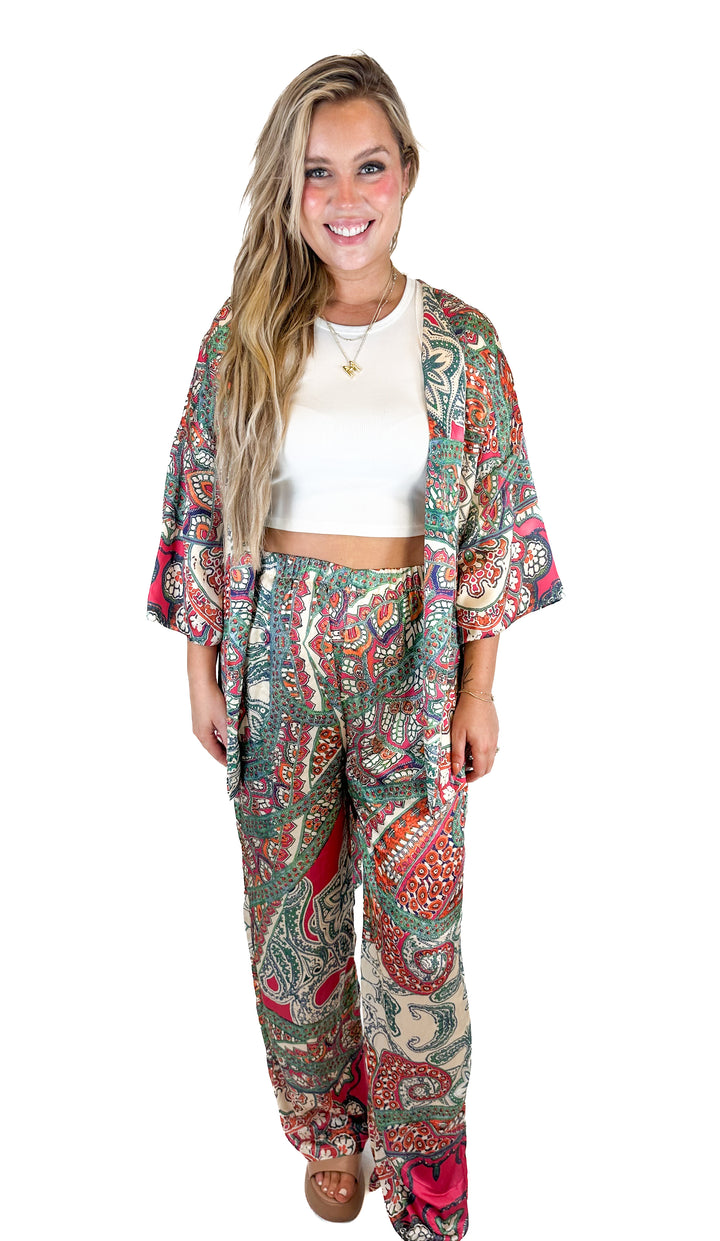 Fashion Nova Paisley Kimono and Pant Set (L)