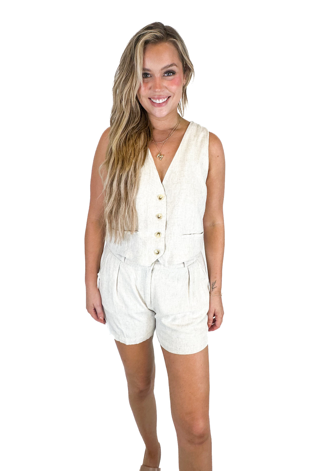 Mable Tan Linen Vest and Shorts Set (L)