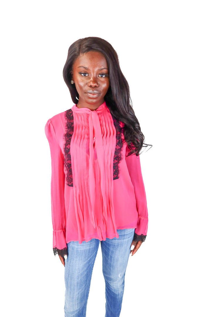 The Kooples Fuchsia Pleat Front Lace Trim Blouse (S)