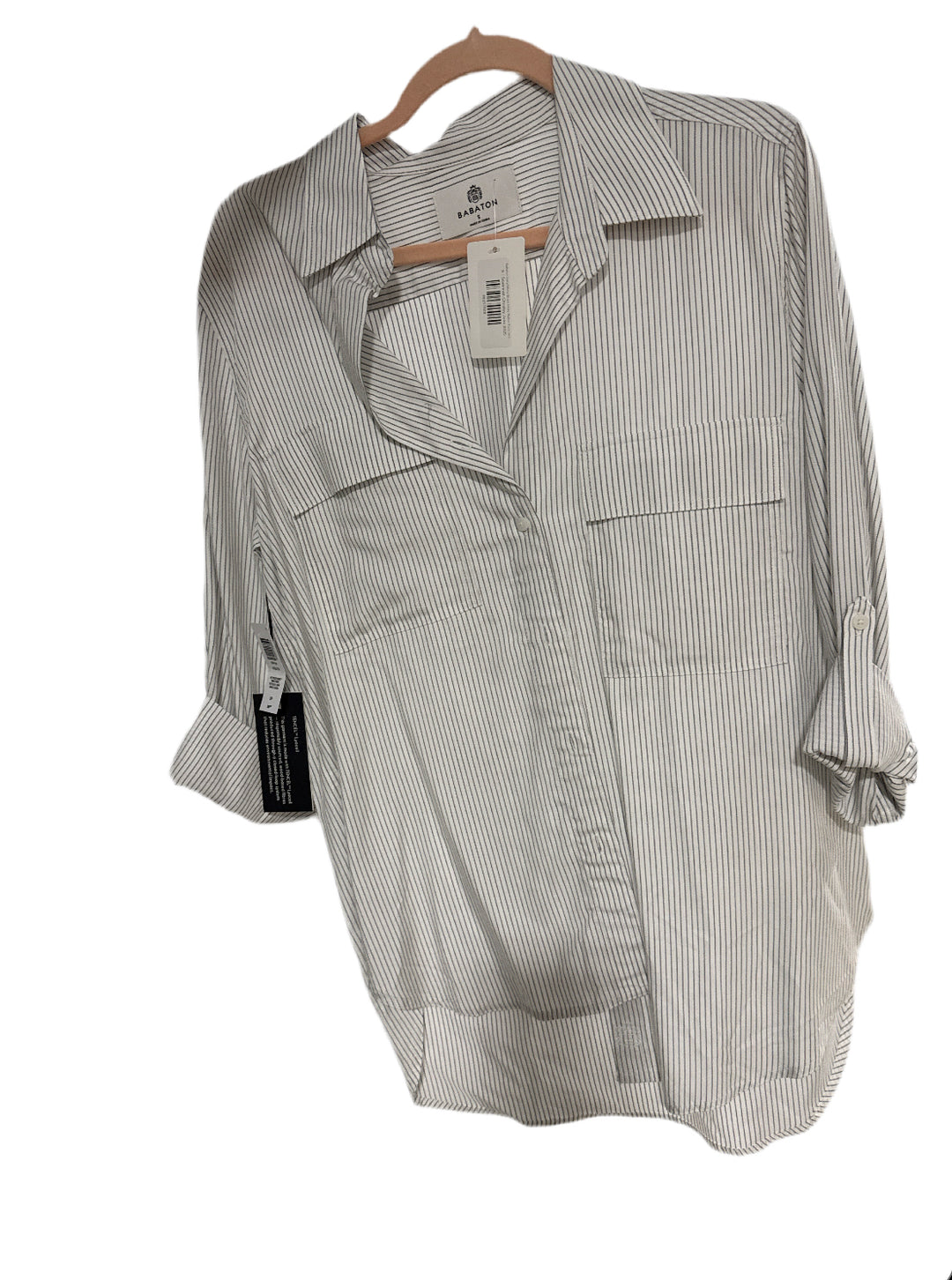 SOLD: Babaton Grey/White Stripe Utility Button Front Shirt NWT (S; Retail $88)