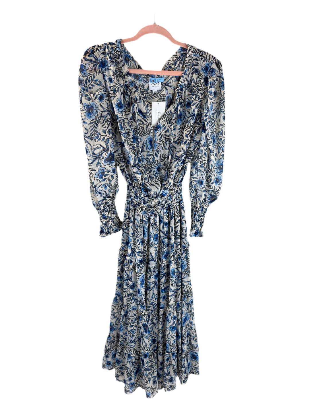 misa sheer blue smocked maxi dress (xs)