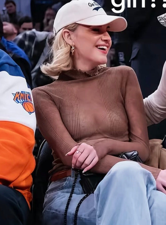 ser.o.ya brown ribbed mesh long sleeve turtleneck top (s)