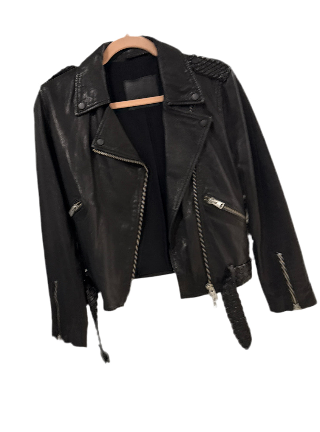 SOLD: All saints leather jacket w/ woven detail (6; retail $529)