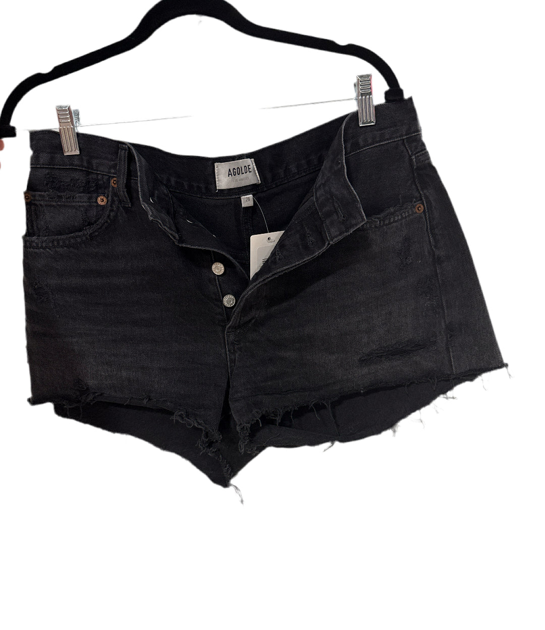 SOLD: agolde black distressed denim shorts (28; retail $148)