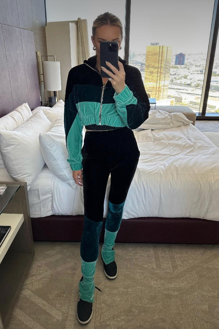 AUCTION frankie b teal color block velvet cropped zip up sweat set (s; retail $435)