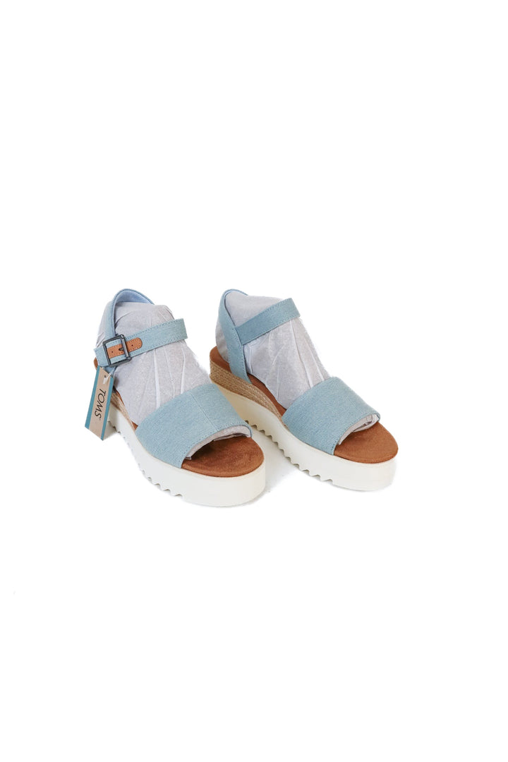 Toms Pastel Blue Washed Denim Wedge Sandals NWOT (8.5; Retail $79)