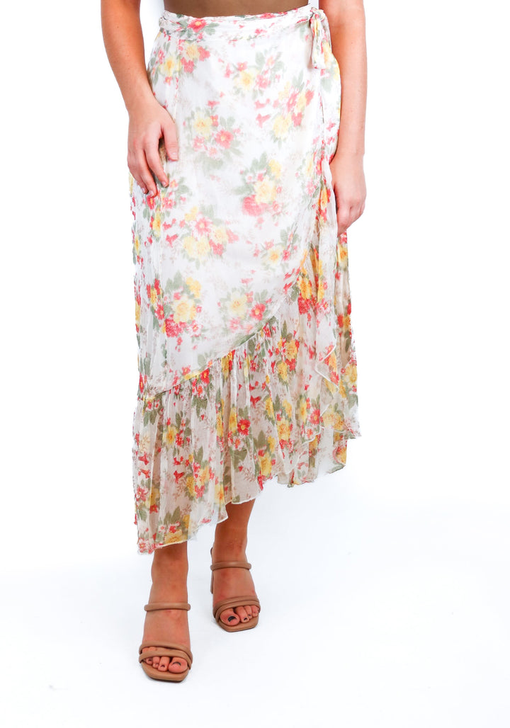 School Rags Floral Wrap Ruffle Midi Skirt  (S)