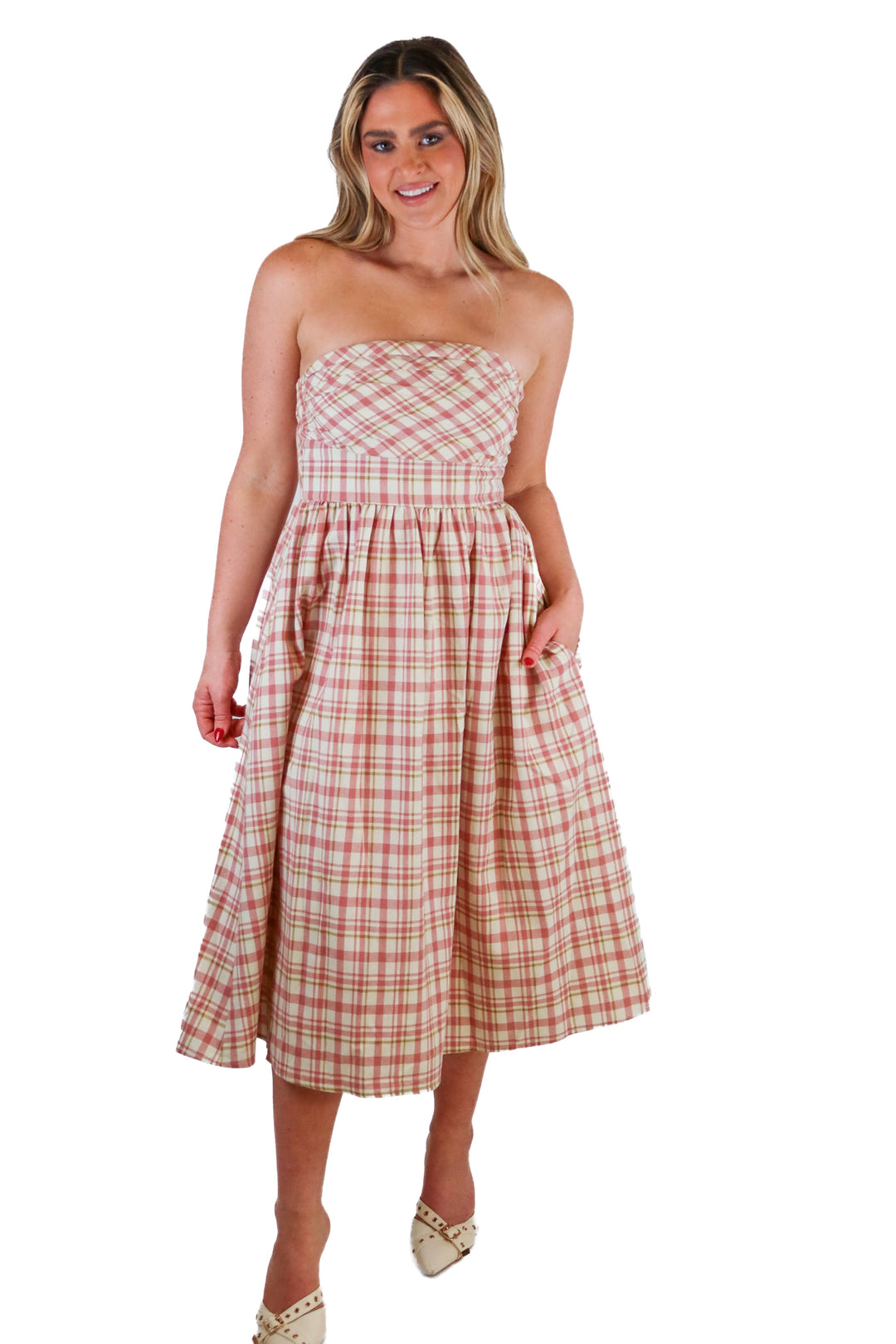 O.P.T. Pink Check Strapless Midi Dress (S; retail $180)