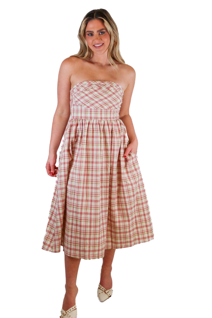O.P.T. Pink Check Strapless Midi Dress (S; retail $180)