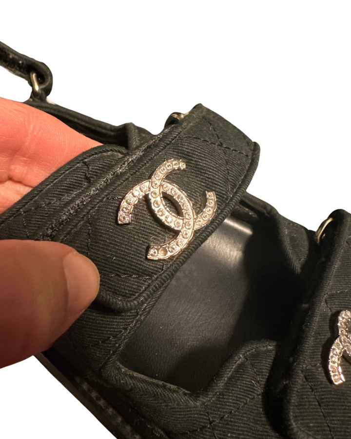 Chanel Dad Sandals, Black with Diamante CC (37; retail $2,190)*