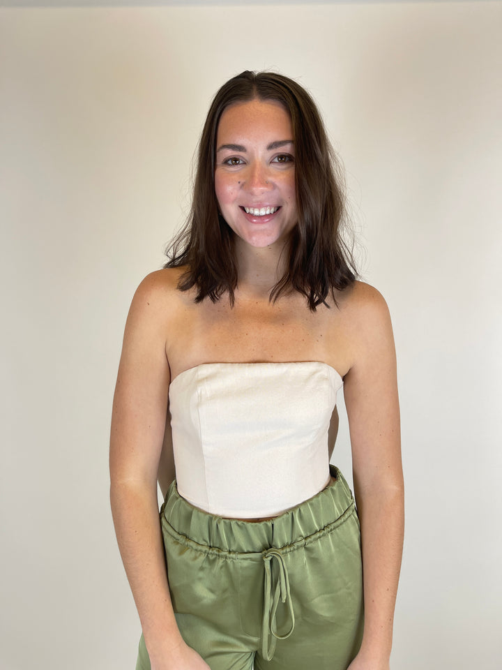 Hutch Beige Strapless Bow Back Cropped Top (6)*