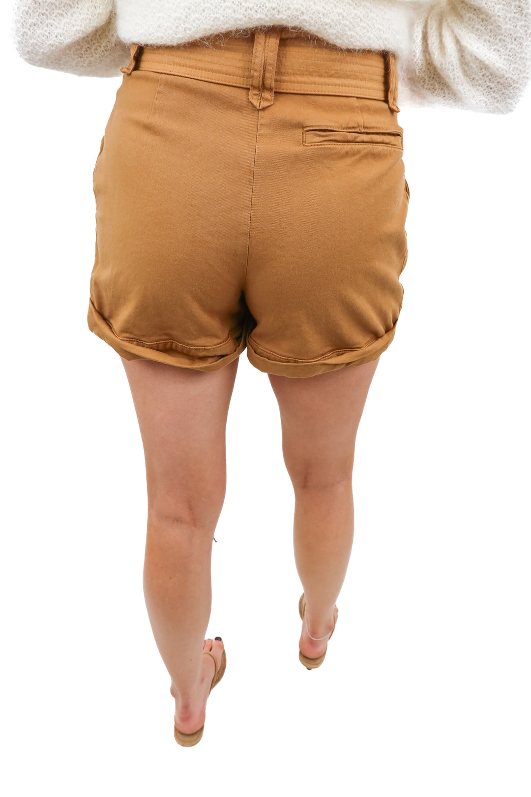 Sezane camel belted shorts (36; retail $120)