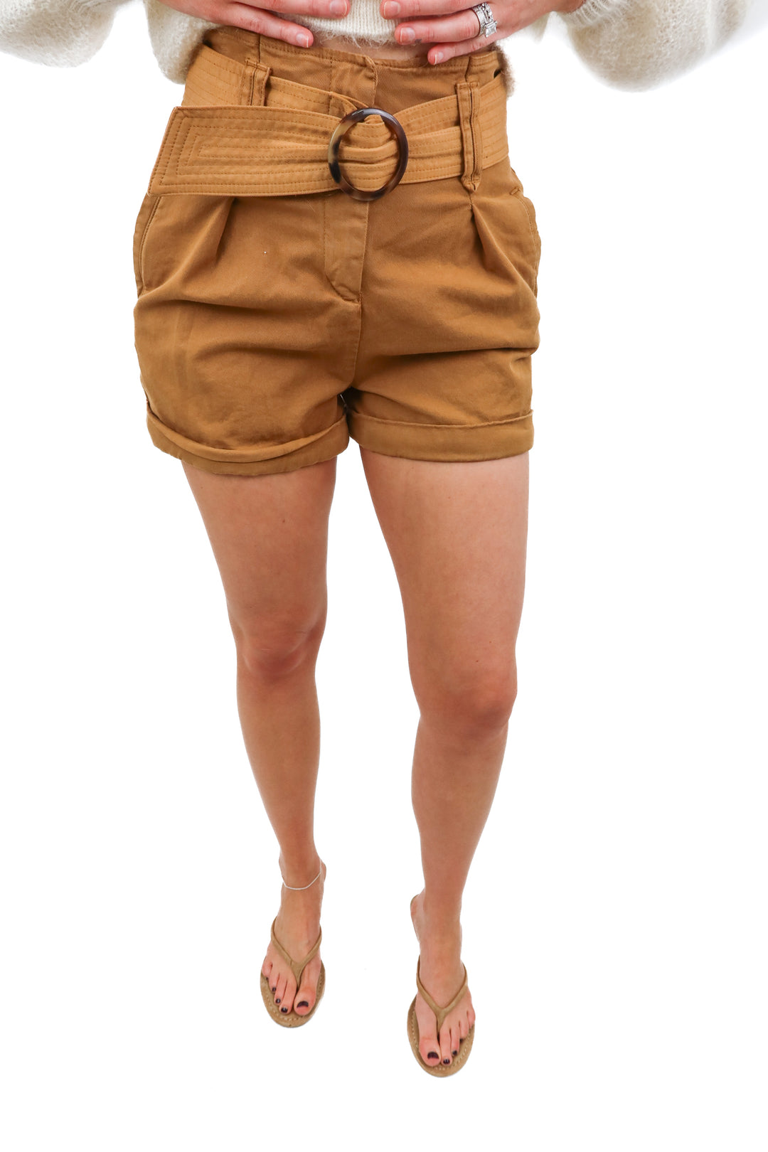 Sezane camel belted shorts (36; retail $120)