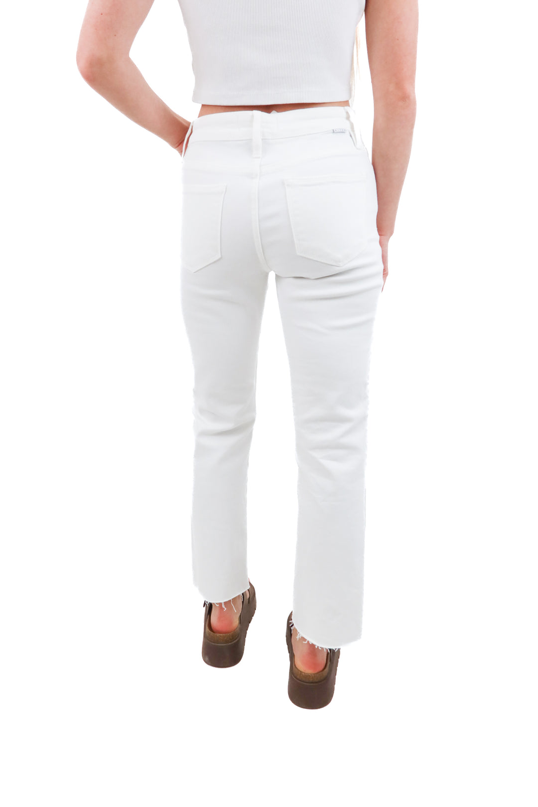 risen white straight leg raw hem jeans (25; retail $75)