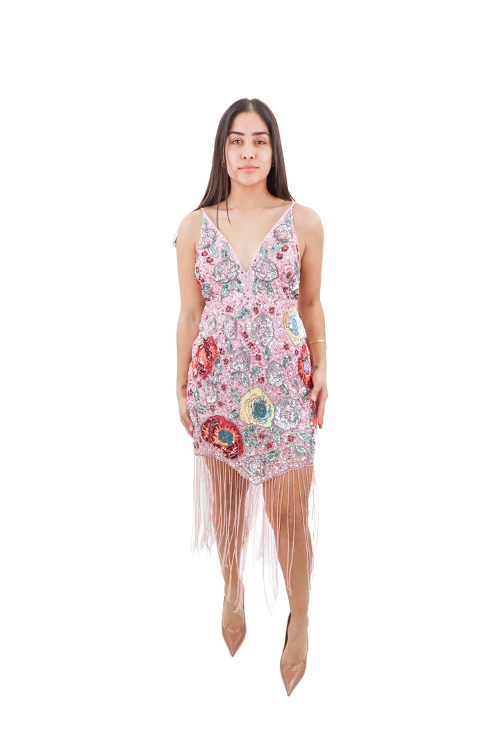 asos edition pink beaded fringe/ floral sequin mini dress (10)*
