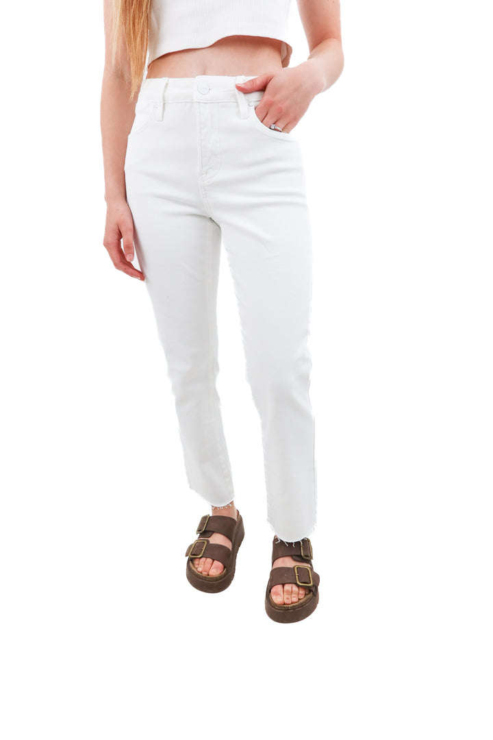 risen white straight leg raw hem jeans (25; retail $75)